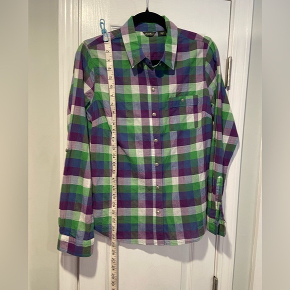 Eddie Bauer Size S Cotton Roll Tab Sleeve Button Down Shirt Green Purple Check - Picture 5 of 12
